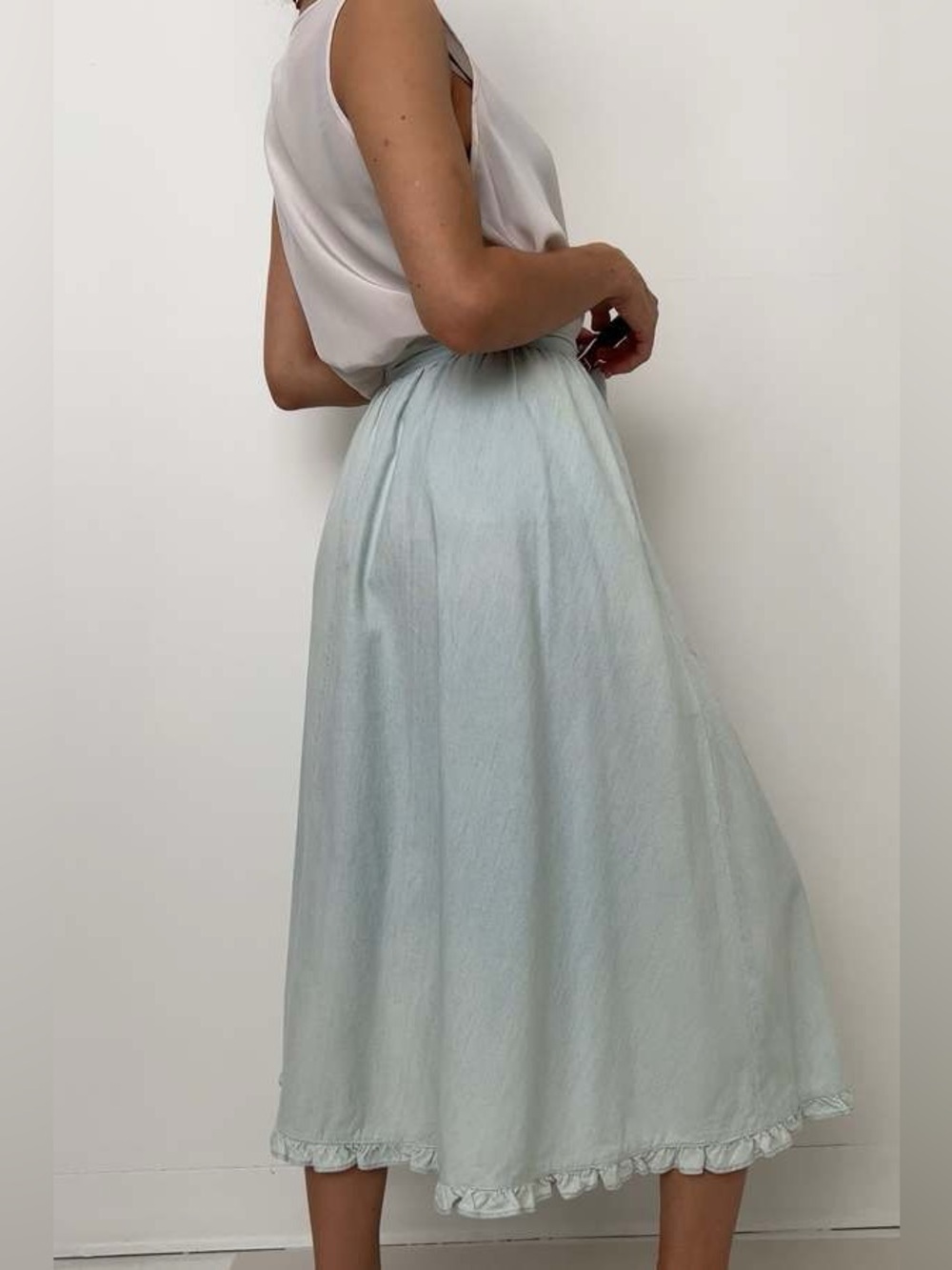 Vintage Ralph Lauren Cotton Maxi Skirt Light Wash Flowy Ruffle Denim Hemline 8 - Picture 2 of 8